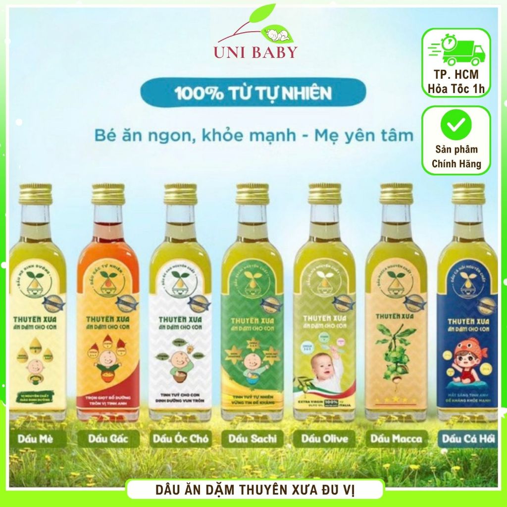 Dầu ăn dặm cho bé Thuyền Xưa cho con đủ vị, Dầu cá hồi, lanh, óc chó, oliu, macca, sachi, Gấc, mè