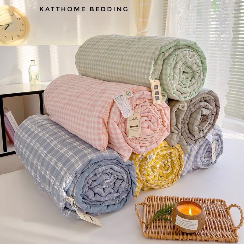 Chăn Hè Đũi Đậu Lành 1m8x2m, Chăn Mền Hè Đũi Kẻ Caro Phong Cách Basic Bông Xơ Hữu Cơ Lành Tính