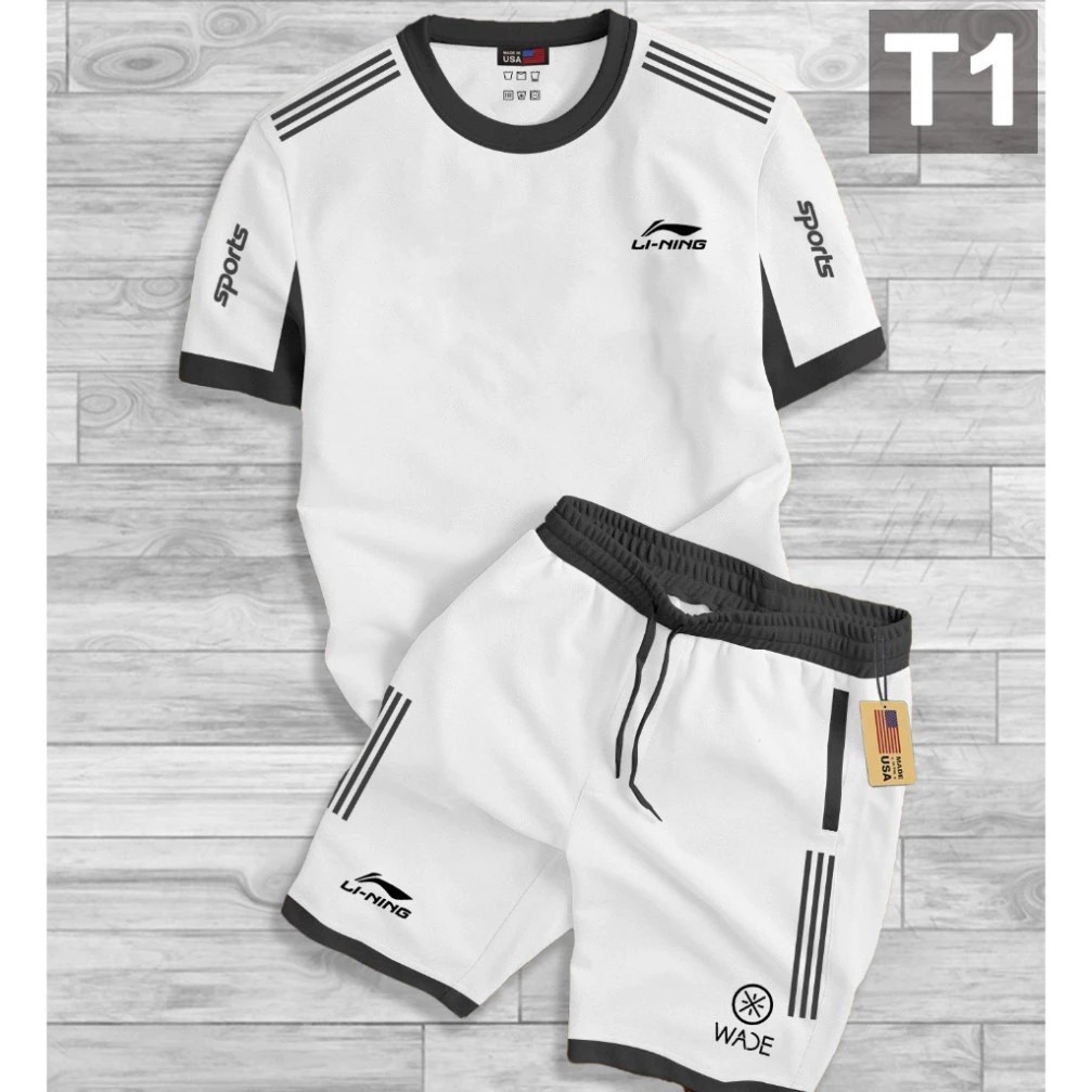 Bộ Cộc Thể Thao Nam Tay Lỡ LI.NIN WADE TRẮNG Bo Viền Bản Đẹp Bộ Quần áo tay lỡ rộng Phong Cách Thể Thao