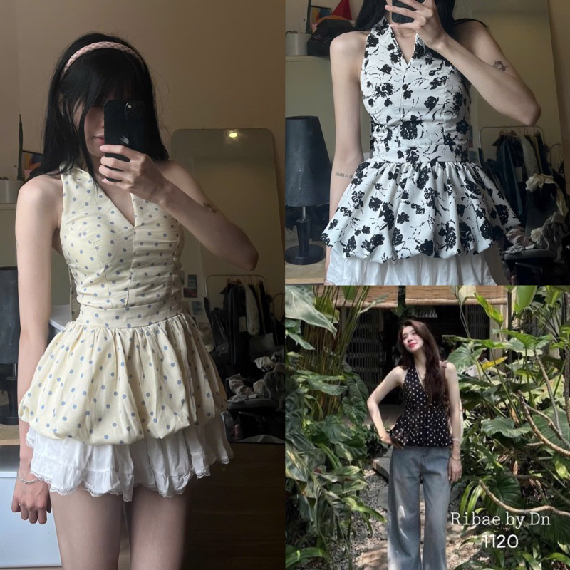 Áo cổ yếm hoạ tiết chấm bi có đệm mút dáng bí hở lưng chun sau siêu xinh dành cho nữ | BigBuy360 - bigbuy360.vn