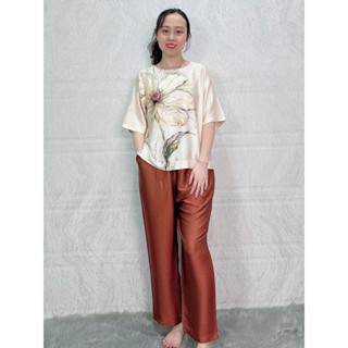 Đồ bộ trung niên Huy Hà lụa Latin, quần ống suông, dài 9 tấc, đồ mặc nhà trung niên size lớn 50 - 83kg HA48