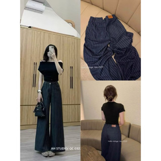 Quần Bò Jeans Nữ Ống Rộng, Quần Bò Denim Suông Ống Rộng Màu Xanh Than Kẻ Sọc Bản Cạp Cao Siêu Hách Dáng Cực Đỉnh