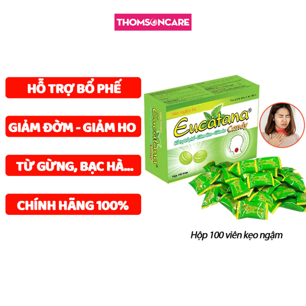 Kẹo ngậm ho thảo dược Eucatana hộp 100 viên, hỗ trợ giảm đau rát họng, kết hợp xịt họng xuyên tâm liên, giảm ngứa họng