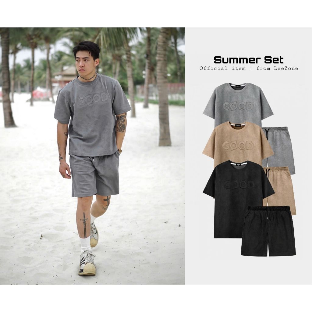 Set Bộ Da Lộn Nam LeeZone Áo Ngắn Tay Quần Short Form Regular