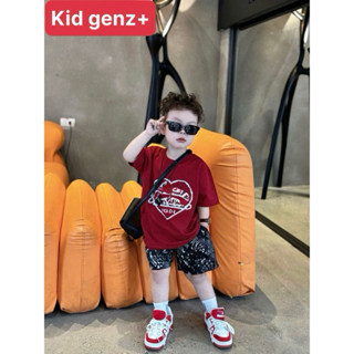 bộ áo thun trái tim trắng + quần hoạ tiết bé trai , set áo phông quần cộc trẻ em unisex , mùa hè cotton , kid genz