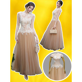  Đầm Váy maxi tiểu thư công chúa ren hoa bigsize đầm lưới đi bàn cô dâu tùng xòe cổ tròn tay con chiết eo hoa QUEENLY 