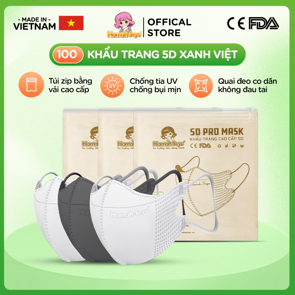 Khẩu trang 5D Hannah seyo chống tia UV chống nắng bụi mịn 3 lớp