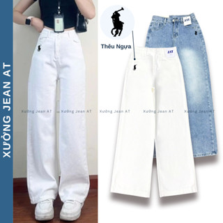 Quần Kaki Nữ Ống Suông Trắng Thêu Ngựa Lưng Cao Hàn Quốc 481 522