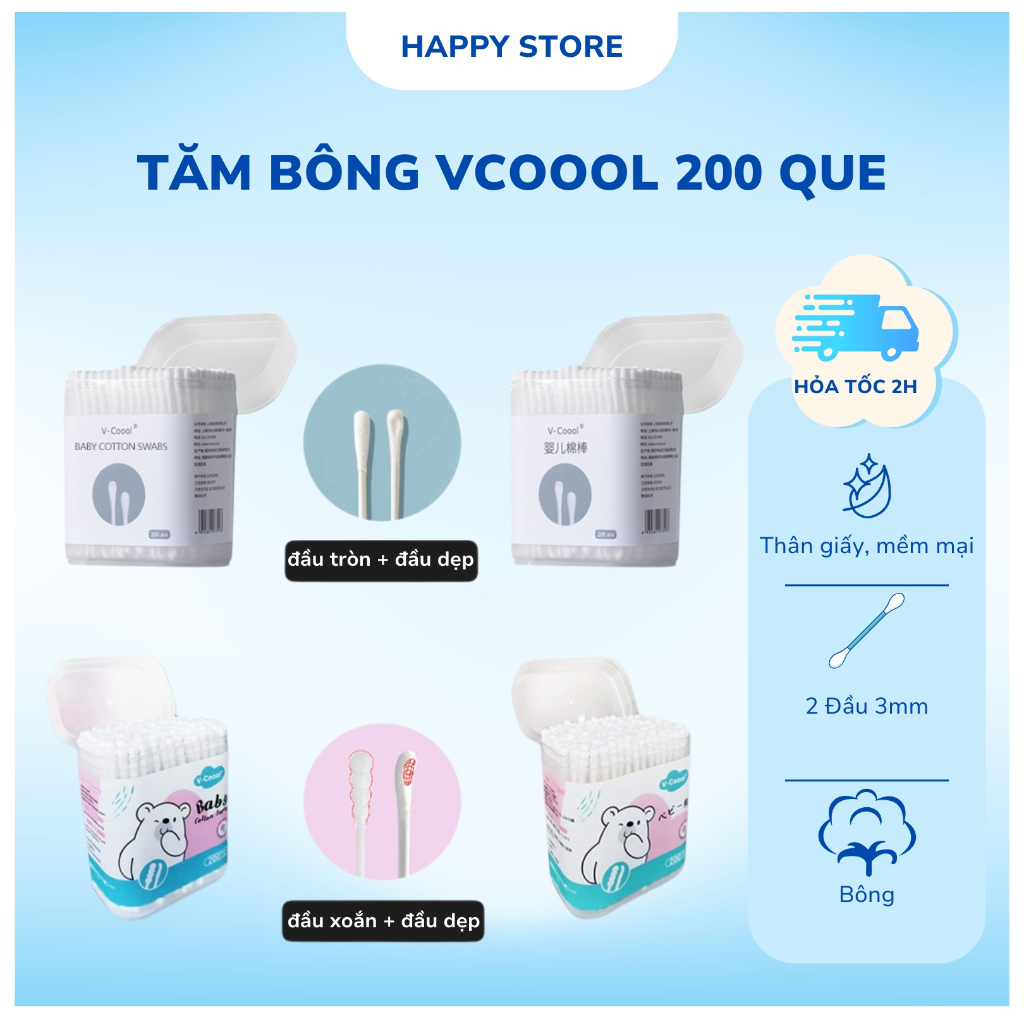 Tăm bông cho bé sơ sinh 2 đầu Vcool hộp 200 que, bông ngoáy tai Misuta 200/400 que Happy Store