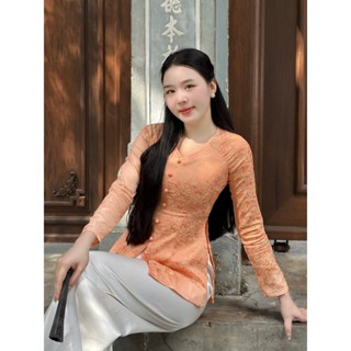 Hân Nguyễn Áo Bà Ba -  B.A147 - Áo Bà Ba Gấm Tơ Thêu Hoa Chi Chít Nút Nụ Cổ Tim Dây Kéo Tay Dài