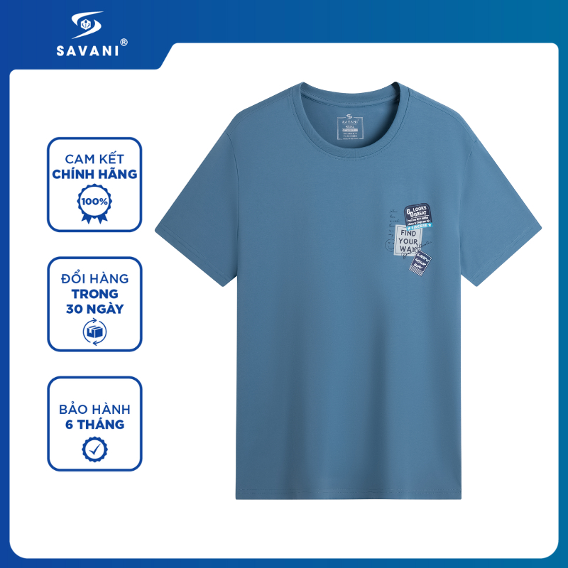 Áo Phông Nam Cổ Tròn SAVANI Có Họa Tiết Trước Ngực, Màu Sắc Đa Dạng, Chất Liệu Cotton Mềm Mịn Co Dãn