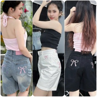 [MỞ BÁN]Quần Ngố Jean Lưng Cao Không Dãn Thêu Nơ, Quần Jean Lửng Ống Rộng Thêu Hoạ Tiết Nơ Dễ Thương QN820