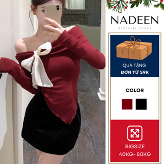  Áo thun nữ NADEEN BIGSIZE áo trễ vai noel phối nơ chất borip mềm mại thời trang thu đông 3101 