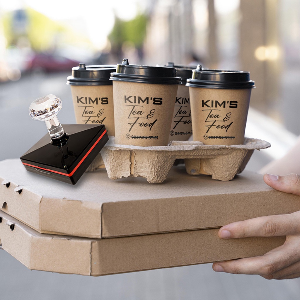 Ccon dấu Flash in Ly nhựa ly giấy, hình vuông 55x55 mm- thiết kế miễn phí logo riêng theo yêu cầu