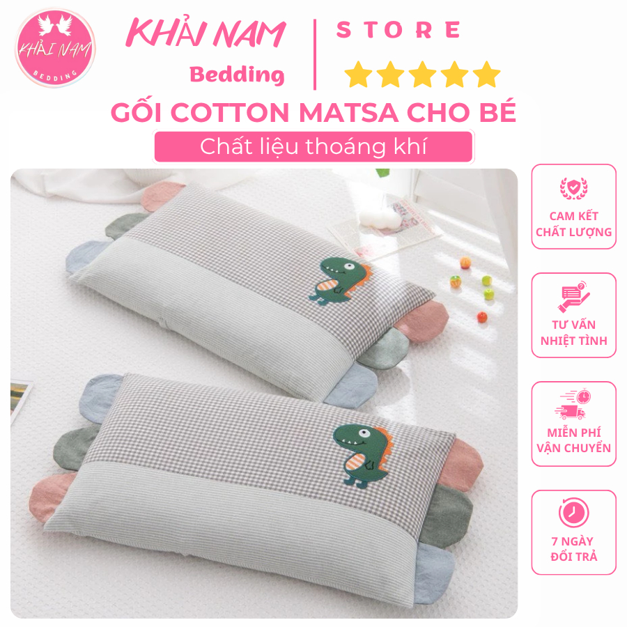 Gối Cotton Matsa Cho Bé Thêu Hình Đáng Yêu Kích Thước 30x50cm Mềm Mại Thoáng Mát Phù Hợp Bé Đi Học