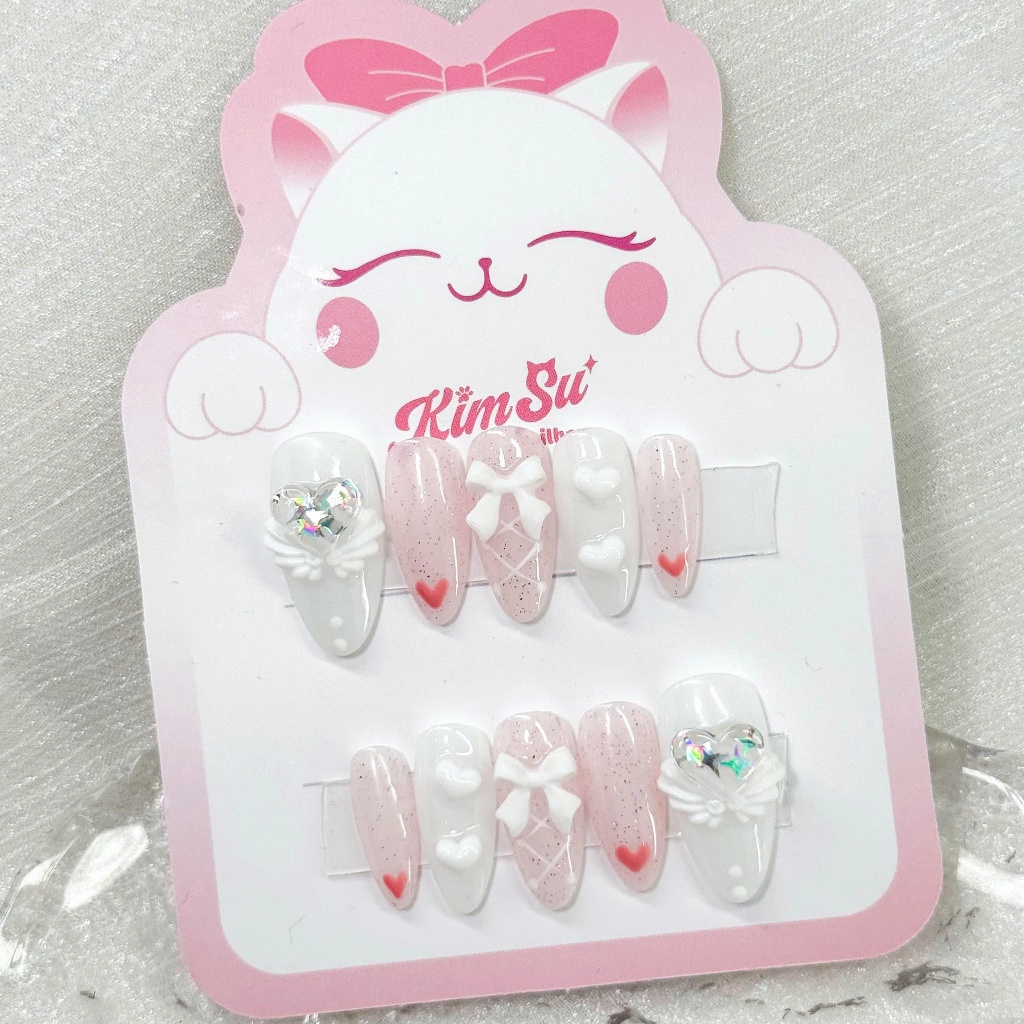 [M117] KimSu Nailbox trắng hồng đính nơ