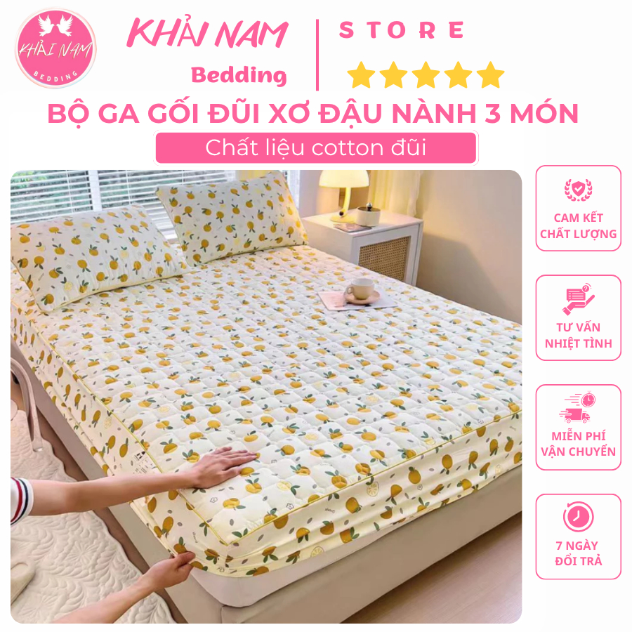 Bộ 3 Món Ga Gối Chất Liệu Cotton Đũi Dệt Bông Xơ Đậu Trần Bông Mềm Mại Thoáng Mát, Thấm Hút Mồ Hôi