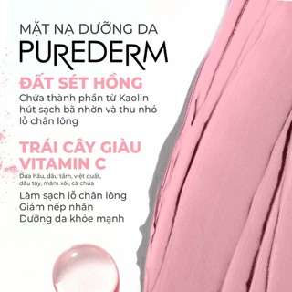 Mặt nạ Đất Sét Hồng Purederm se khít lỗ chân lông, Giảm mụn đầu đen kiểm soát dầu dưỡng da mặt, Giảm thâm sáng da 15g