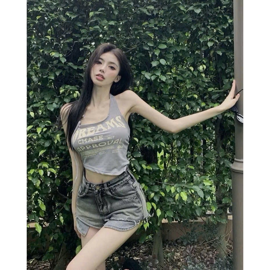 Áo thun kiểu nữ cổ yếm họa tiết chữ fom ôm siêu xinh cwt5