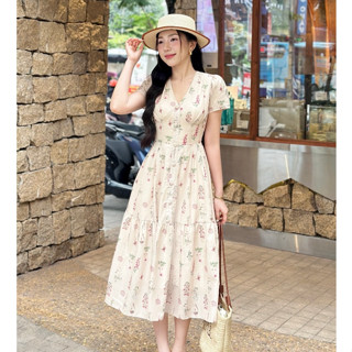 Váy đầm thiết kế cổ V họa tiết hoa nhẹ nhàng thanh lịch đi biển đi chơi có Bigsize (V30)