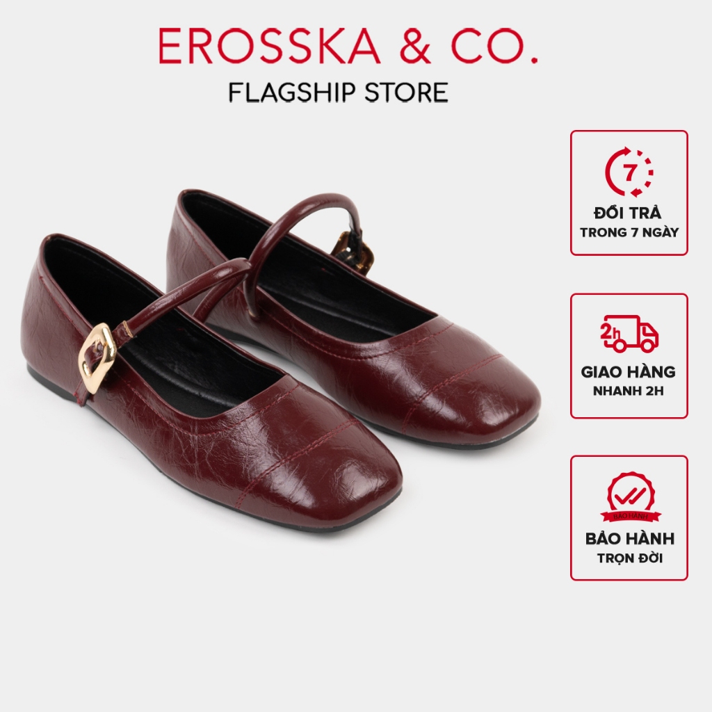 Erosska - Giày búp bê nữ ballet core mũi vuông, quai ngang phối khóa màu nâu  - EL084