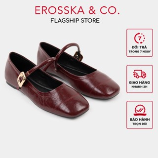 Erosska - Giày búp bê nữ ballet core mũi vuông, quai ngang phối khóa màu nâu  - EL084