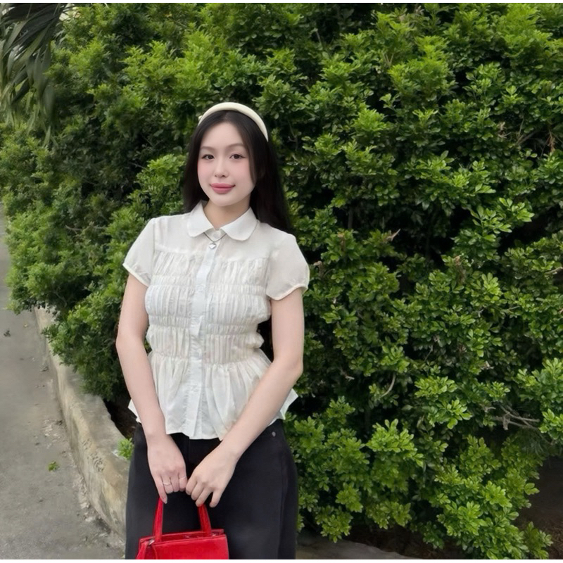 [Hàng loại 1] Áo Sơ Mi Nhún Tay Phồng Nhún Eo Cổ Sen Vải Cotton Mềm Mát_Có bigsize | BigBuy360 - bigbuy360.vn