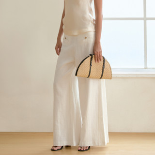 Quần Dài Nữ Khuy Linen Trousers Cạp Lửng Dáng Suông Dài, Cạp Chéo Thân Sau Tạo Điểm Nhấn - oula studios