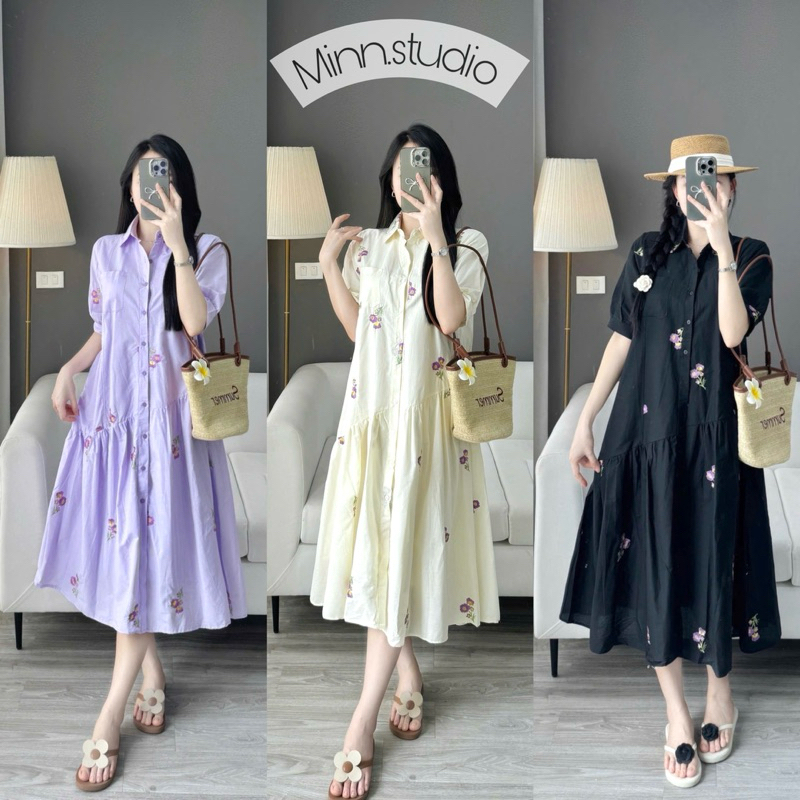 [Minn.Studio] Váy babydoll chất Thô Boi thêu Hoa (bầu bon chen được) Hàng chuẩn mẫu