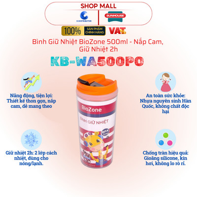 [HỎA TỐC] Bình giữ nhiệt Sunhouse BioZone 500ml KB-WA500PO - Nắp cam, giữ nhiệt 2h - Hàng chính hãng