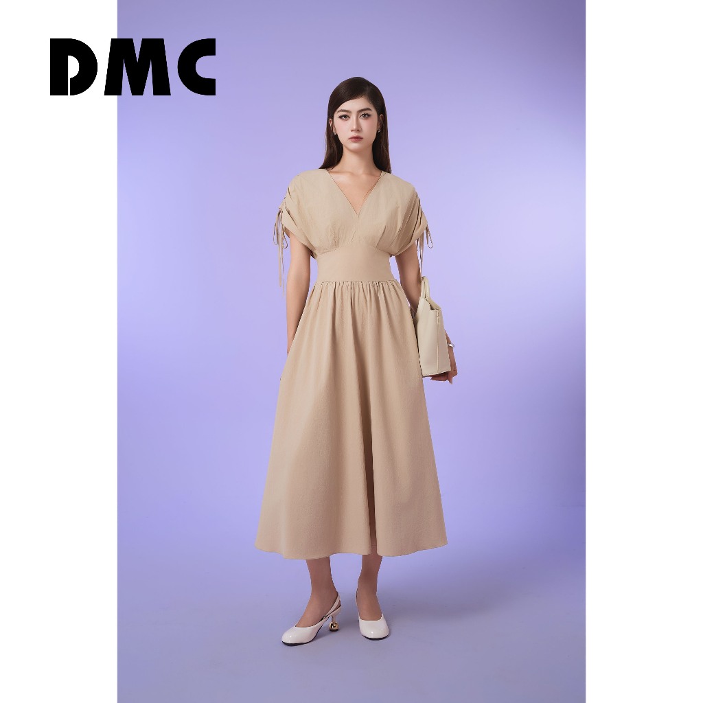 Đầm nữ xòe rút nơ vai DMC (Dark Beige Woven Flared Dress)