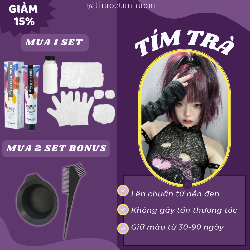 Set kem nhuộm tóc màu tím trà không cần tẩy + tặng kèm oxi (200ml)