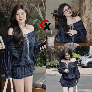 Set Đồ Nữ Sang Chảnh - Áo Trễ Vai Cổ Nơ Kẻ Xanh Kèm Quần Rời