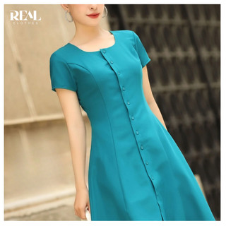 Đầm cổ tròn 8 mảnh màu xanh cổ vịt REAL CLOTHES, CÓ TÚI, có lót, ít nhăn, che bụng