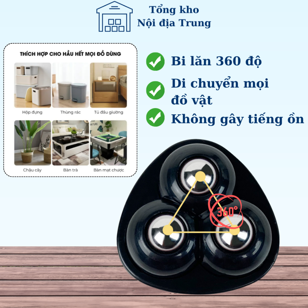 Bộ 4 bánh xe xoay 360°, 3 bi thép không gỉ, giúp di chuyển đồ vật êm ái, mượt…