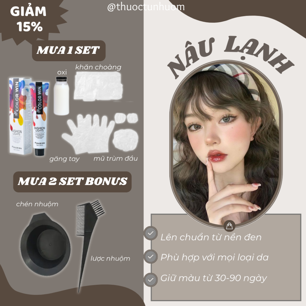 Set kem nhuộm tóc màu NÂU LẠNH không cần tẩy + tặng kèm oxi (200ml)