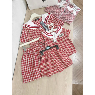 Quần áo mẹ bé, Bộ quần áo đôi mẹ và bé vải thô caro đỏ hồng xinh xắn thoáng mát