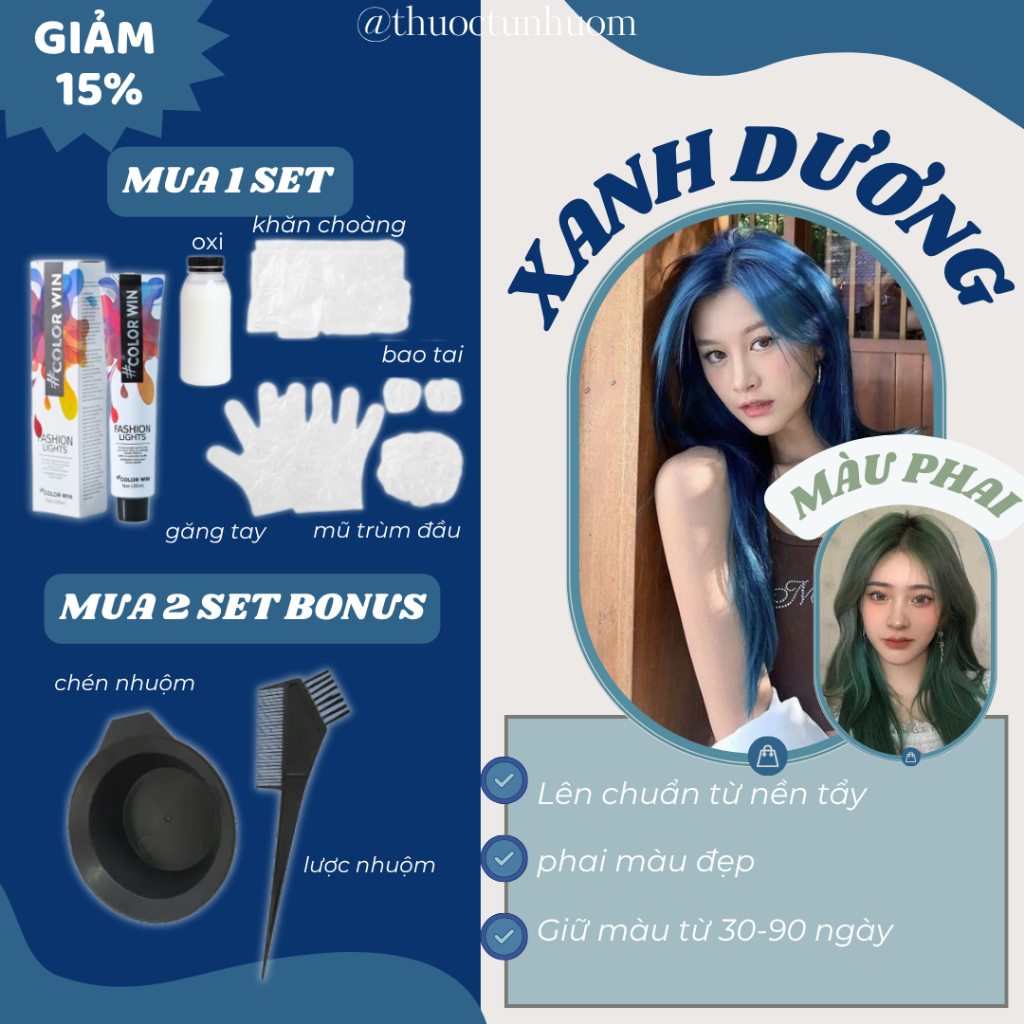 Set kem nhuộm tóc màu xanh dương cao cấp salon, tặng kèm oxi (200ml)