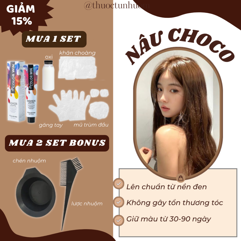 Set kem nhuộm tóc màu NÂU CHOCO không cần tẩy + tặng kèm oxi (200ml)