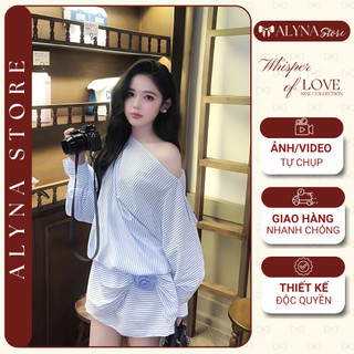 Váy Sơ Mi Thô Kẻ Lệch Vai Dài Tay Xẻ Dáng Ngắn Xòe Đính Hoa Màu Xanh Pastel Nhẹ Nhàng Nữ Tính