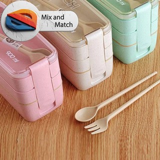 Hộp Cơm 3 Tầng 900ml Lúa Mạch Kèm Muỗng Nĩa Dùng Lò Vi Sóng Cho Văn Phòng Trường Học