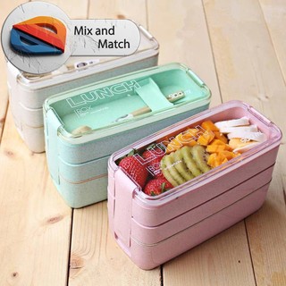 Hộp Cơm 3 Tầng 900ml Lúa Mạch Kèm Muỗng Nĩa Dùng Lò Vi Sóng Cho Văn Phòng Trường Học