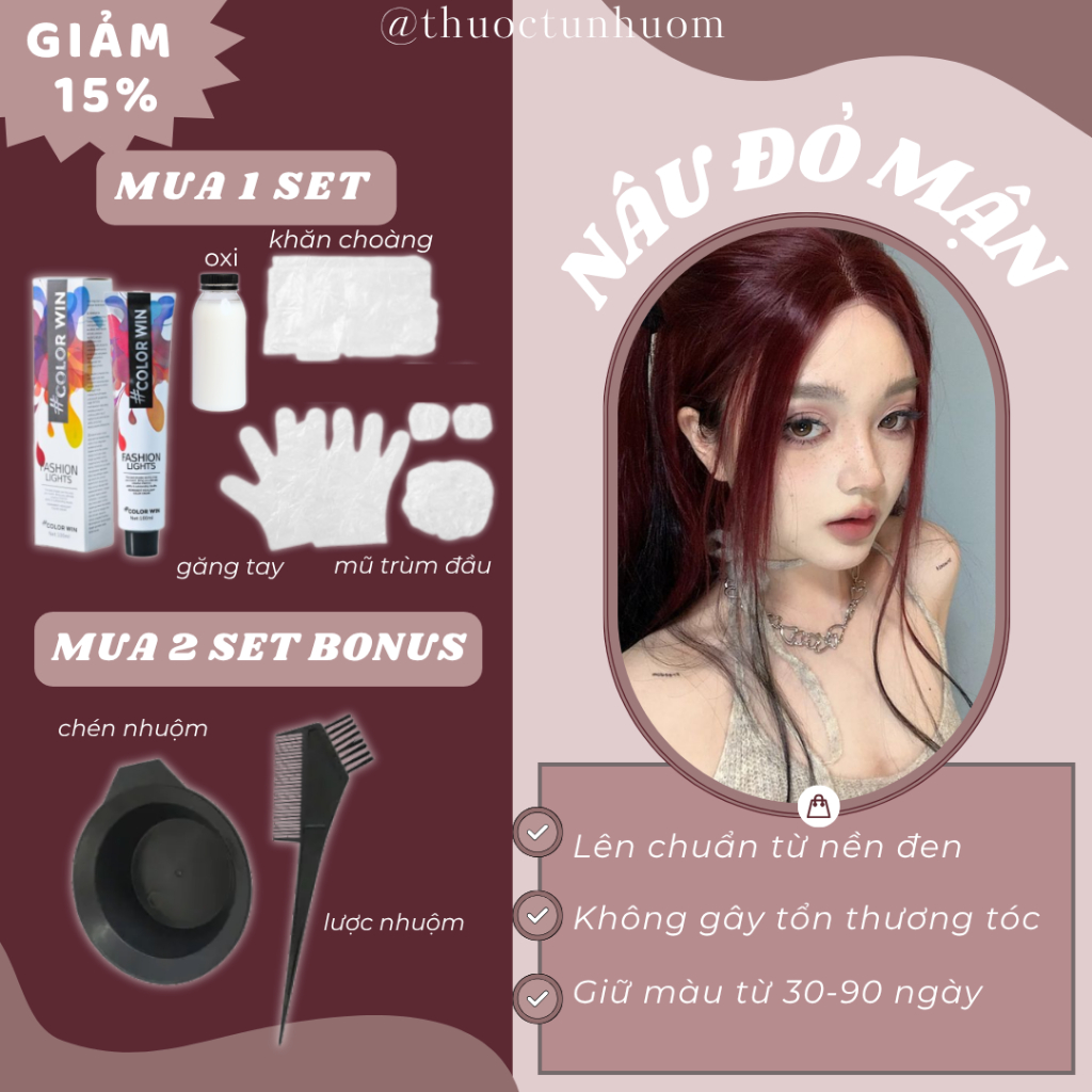 Set kem nhuộm tóc màu nâu đỏ mận không cần tẩy + tặng kèm oxi (200ml)