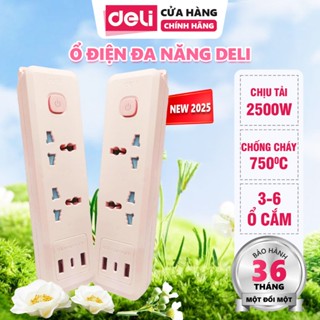 (Mới) Ổ Cắm Điện Đa Năng Deli Ổ Điện Chịu Tải 2500W Dây Dài 3-5m Chống Cháy Gia Đình