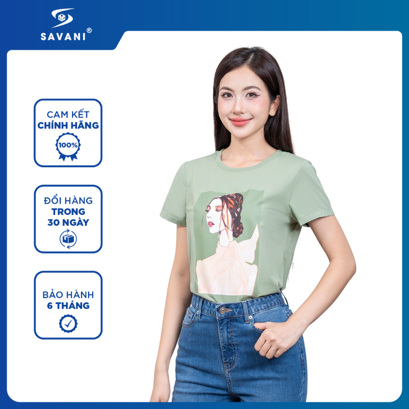Áo Thun Nữ Cổ Tròn SAVANI In Họa Tiết Cô Gái, Áo Phông Nữ Chất Cotton Mềm Mịn, Thoáng Khí WTS358S4
