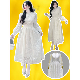 Đầm váy trắng tiểu thư Vintage  ren thổ cẩm  bigsize cổ tròn tay dài xoè dài chiết eo xếp ly dự tiệc cưới cao cấp MIRA