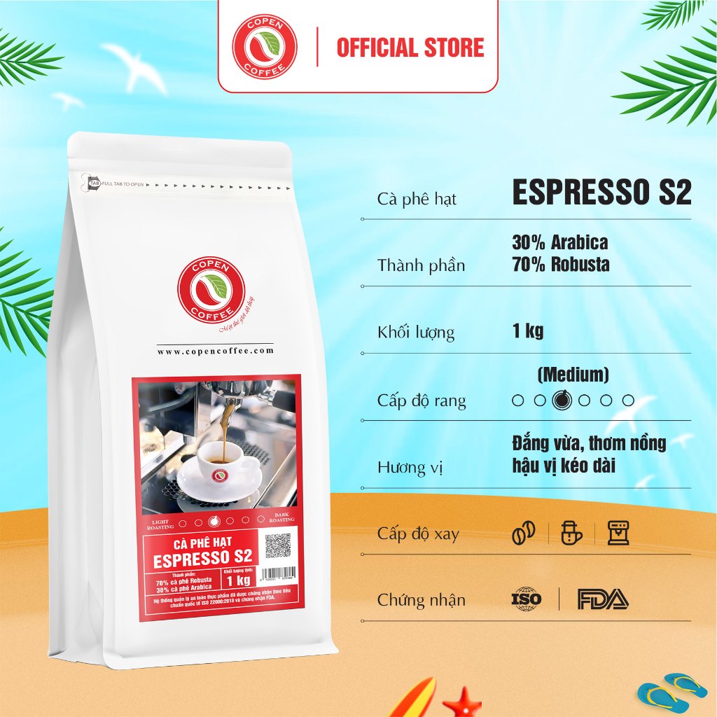  Cà phê hạt Espresso S2 gói 1kg - Rang vừa - Đắng vừa thơm nồng hậu vị sâu - Pha máy pha phin - Copen Coffee 