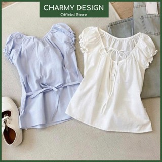 Áo Sơ Mi Nữ Ely Cổ Tròn Tay Bồng Kèm Dây Thắt Eo Tiểu Thư Dịu Dàng, Áo Sơ Mi Nữ Vải Thô Cotton Nhẹ Nhàng Nữ Tính Charmy