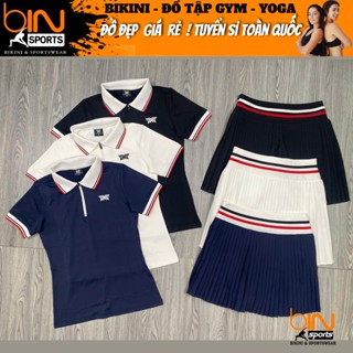 Chân váy xếp ly nhỏ thể thao nữ tập pickleball tennis cầu lông có lót đùi bảo hộ, áo thun cổ trụ dệt sọc BINSPORTS Q227