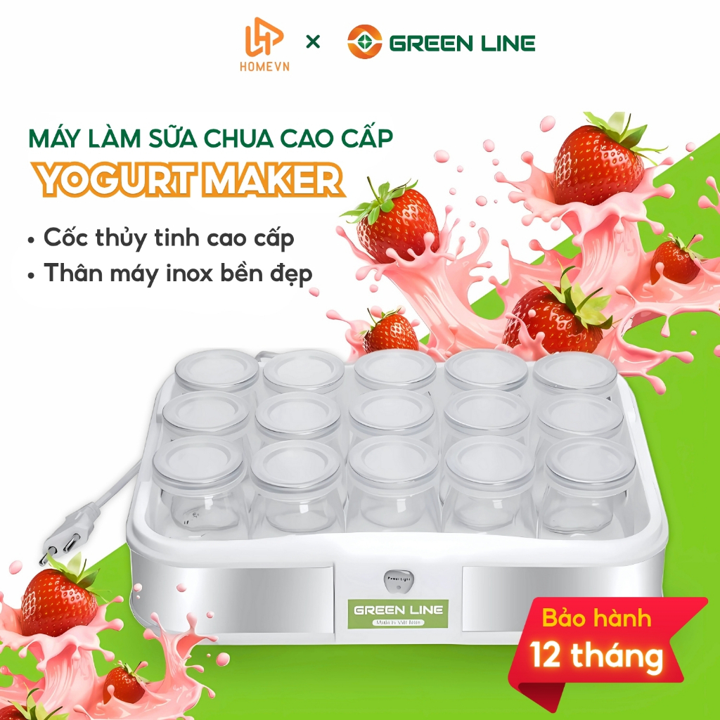 Máy Làm Sữa Chua GreenLine Kèm 15 Cốc Thủy Tinh, Máy Ủ Sữa Chua Song Anh Làm Tại Nhà Cao Cấp Kèm Cốc